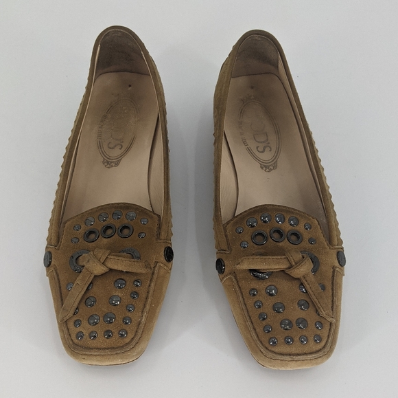 Tod's Tan Suede Studded Square Toe Tie Loafers - Picture 2 of 10